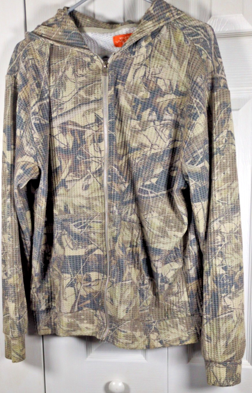 Negative Space Camo Hoodie Mens Medium M Green Waffle Knit Full Zip Thermal